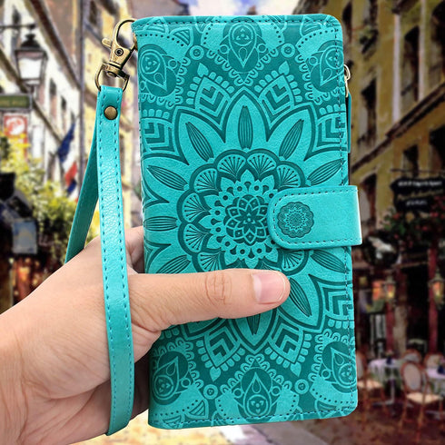 Harryshell Detachable Magnetic Zipper Wallet Case for Samsung Galaxy A32 5G (2021), Flower Design (Blue Green)