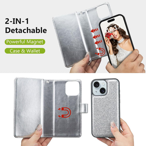Varikke iPhone 13 Wallet Case, Detachable Card Holder for Women Girls, Glitter PU Leather Flip Cover