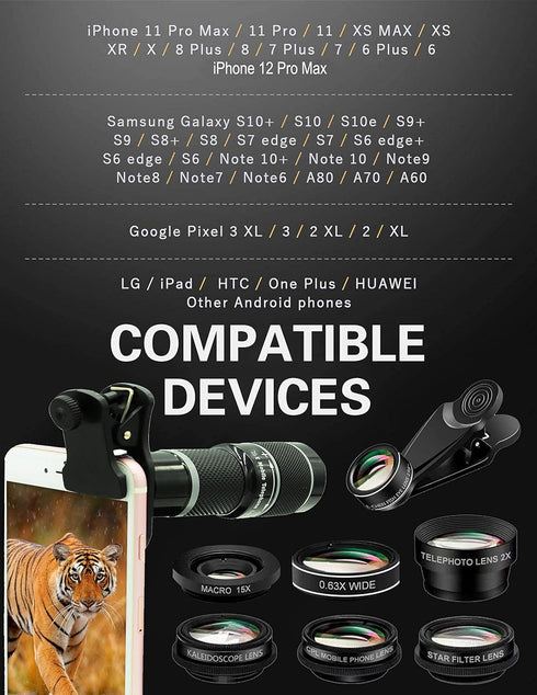 Cell Phone Camera Lens Kit, 11 in 1 Universal with 20x Telephoto Lens, Wide Angle, Macro, Fisheye, Tripod - Black
