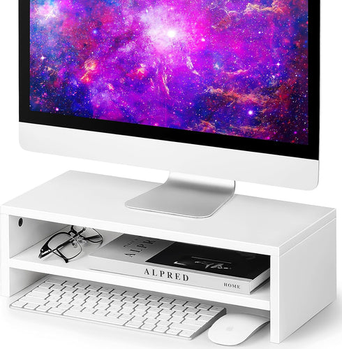 BEYGORM White Monitor Stand Riser for Desk,2 Tiers Wood Desk Shelf Computer
