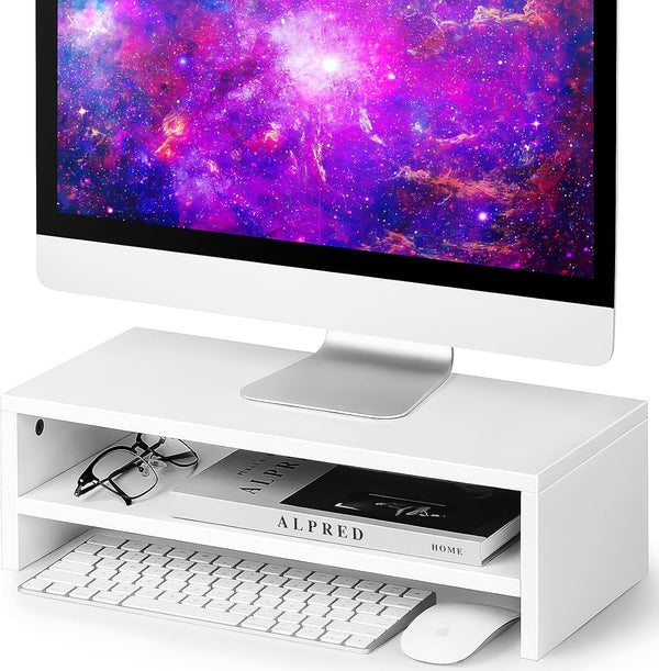 BEYGORM White Monitor Stand Riser for Desk,2 Tiers Wood Desk Shelf Computer