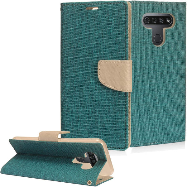 Denim Fabric Wallet Phone Case for LG K51, LG Reflect (LM-K500) - CT5 Gray/Navy Blue