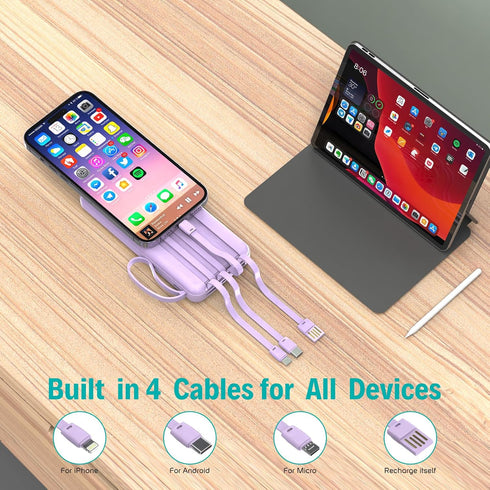 Portable Charger with Built in Cables,10000mAh Slim USB C Power Bank,5 Output 3 Input LED Display High Speed External Battery Pack Travel Phone Charger for iPhone Samsung Pixel LG Moto iPad,Purple