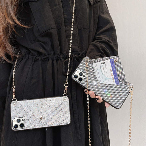 Omorro Glitter Diamond Sequins Wallet Case with Shiny Crossbody Chain for iPhone 12 Pro Max