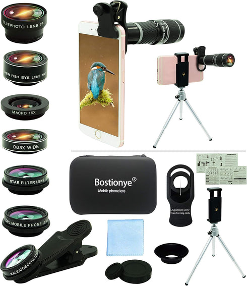 Cell Phone Camera Lens Kit, 11 in 1 Universal with 20x Telephoto Lens, Wide Angle, Macro, Fisheye, Tripod - Black