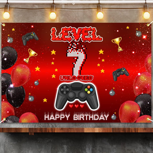 Level 7 Unlocked Backdrop Banner Decorations for Video Game On Happy 7th Birthday, Red and Black Theme