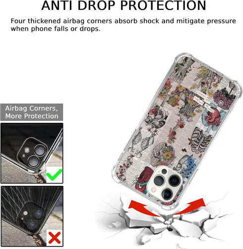 Aesthetic Biology Newspaper Skull Skeleton Case for iPhone 15 Pro - Artsy TPU Bumper Cover with Anatomy Collage Design.