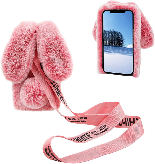 3D Bunny Ears Plush Case for iPod Touch 5/6/7, Winter Warm Handmade Bling Diamond Soft Cover, Pink