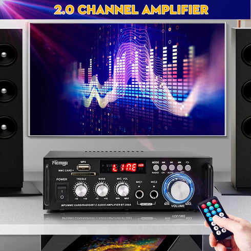 Facmogu 298A Max 300Wx2 Wireless Bluetooth 5.0 Stereo Audio Amplifier, 2 Channel Receiver with Bass & Treble Control,