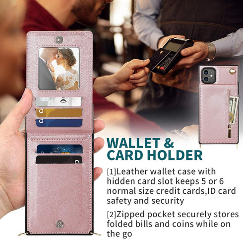 HOGGU Compatible iPhone 11 Case, Crossbody Strap Leather Wallet with Card Holder, Kickstand, Magnetic Closure Flip
