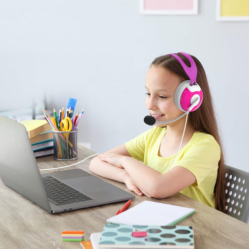 Thore Kids Headphones with Microphone (Over Ear) Headset with Boom Mic + Volume Control for Girls, Online School (Pink)