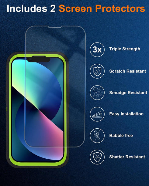 iPhone 13 Case (6.1") with 2 Tempered Glass Screen Protectors, Heavy Duty Military-Grade Full Body Drop Protection