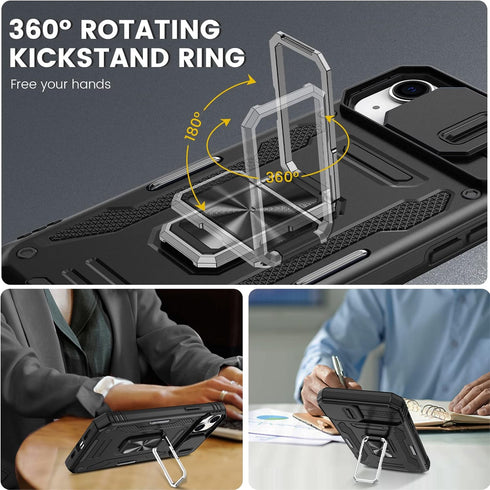 Maxdara iPhone 14/13 Case, Black - 360° Rotating Ring Kickstand, Slide Camera Cover & Glass Screen Protector, 6.1"