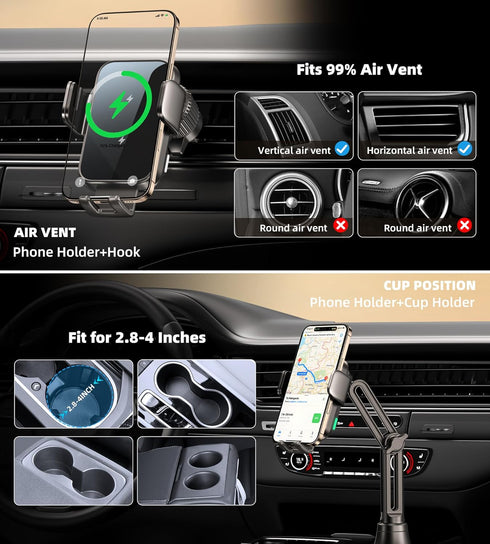 GuMosh 15W 17/16/15,Samsung S25 S24 S23 S22 Dual Coil Cup Phone Holder Mount,Wireless Car Charger Auto-Clamping Fast