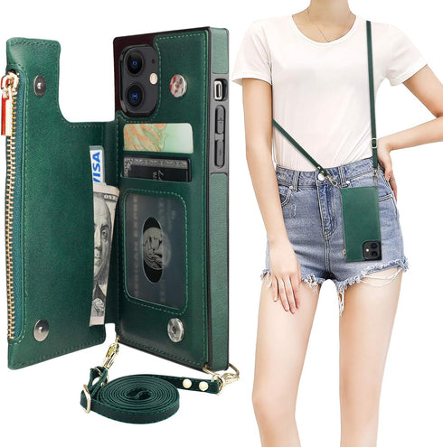 Bocasal Crossbody Wallet Case for iPhone 12/12 Pro, Zipper Card Slot Protector, Shockproof Purse Cover with Removable