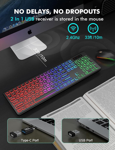 Wireless Keyboard and Mouse Combo, Large Print, RGB Backlit, Oversize Light Up Letters, Rechargeable, Ergonomic Tilt