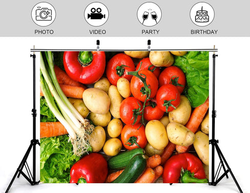 KeyWork 10x7ft Fresh Vegetables Backdrop Colorful Produce Wooden Table Photography Background for Healthy Themed Party
