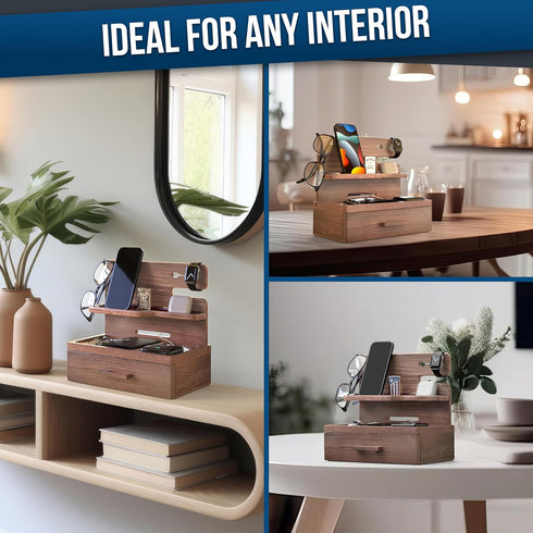 BARVA Wood Docking Station for Men, Gifts for Dad, Nightstand Organizer with Drawer, Charging Dock for Phone and Watch