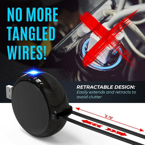 2-in-1 Retractable Car Charger for iPhone and Android, Modern Car Charger with Retractable Cord 15W Fast Charging