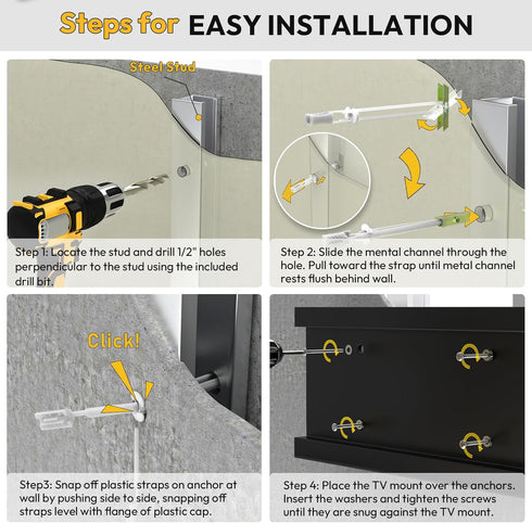 Steel Stud TV Mounting Kit, Metal Stud TV Mount for Tilt & Low Profile, Includes Wall Anchors & Hardware