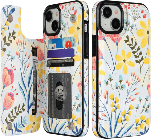 HAOPINSH Wallet Case for iPhone 15 Plus, Floral Flower Pattern, PU Leather Kickstand with Card Slots for Women