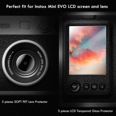 Rieibi Lens Cap & Screen Protector for Fujifilm Instax Mini EVO, Accessories for Fuji Instax Mini Evo Lens Cover with Anti-Loss String & LCD Screen Protector + Lens PET Flim