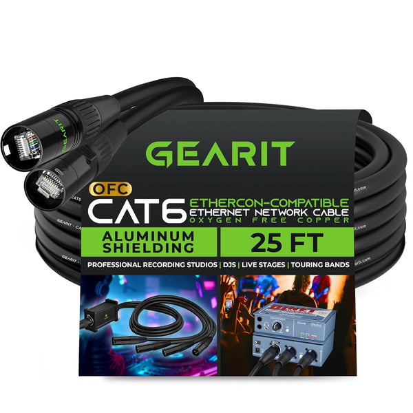 GearIT CAT6 Ethernet Cable, EtherCON-Compatible (25 Feet) RJ45 Connectors for Pro Audio, Aluminum Shielded