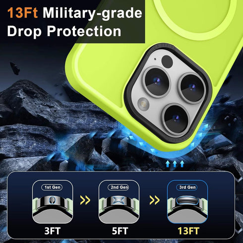 MOCCA Strong Magnetic iPhone 15 Pro Max Case, Fluorescent Green Slim Shockproof, 13FT Military Drop Protection