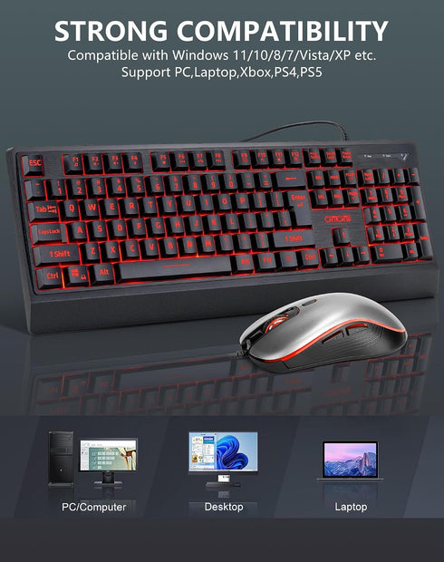 CHONCHOW 12 PS5 USB Wired Keyboard and Mouse Combo with Red-Yellow-Green LED, Silent Gaming Keyboard with Mulitmedia