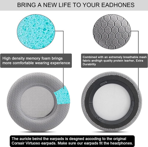 Upgrade VirtuosoXT Gray Thicker Earpads, Compatible with Corsair Virtuoso RGB Wireless SE Gaming Headset