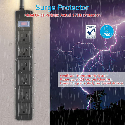 Outdoor Power Strip Waterproof, 6 Outlets, Garden Weatherproof Surge Protector, 6FT Extension Cord, Black