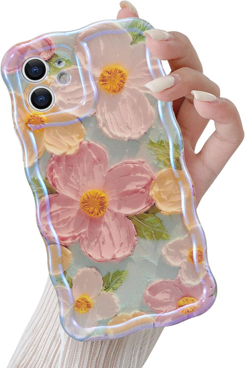 QLTYPRI Laser Colorful Retro Oil Painting Case for iPhone 12, Cute Curly Wave Frame, Green