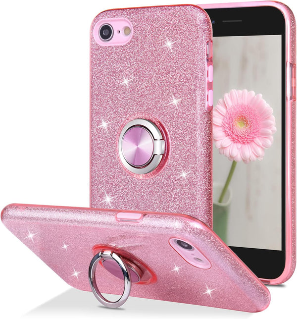 Wisdompro Case for iPhone SE 2022/2020, for iPhone 8, for iPhone 7, Cute Glitter Bling Sparkly Case with Ring Stand,