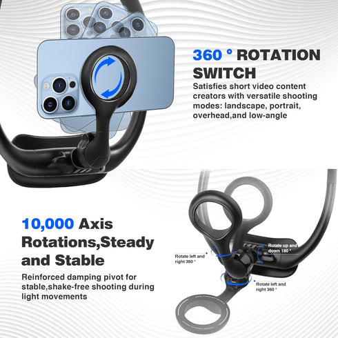 Magnetic Neck Phone Holder for Recording, 360° & 180° Rotation Tripod for iPhone 12-15 Series and Android Phones