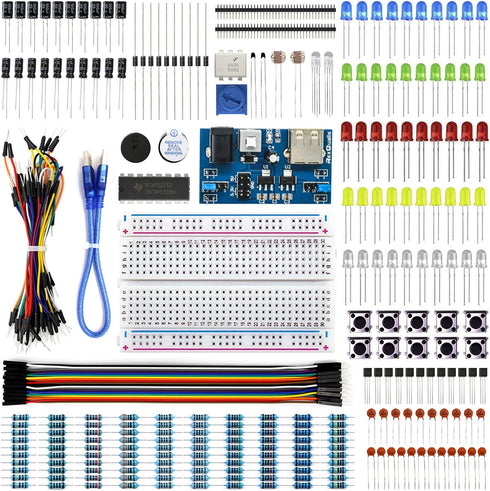 Electronics Basic Kit with Power Supply Module, Breadboard, Jumper Wire, LED, Resistor, 300+ pcs Sensors and Components