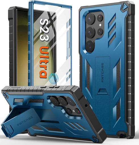 FNTCASE Samsung Galaxy S23 Ultra Case: Rugged Shockproof TPU, Military Grade Drop Protection, Kickstand, Blue.