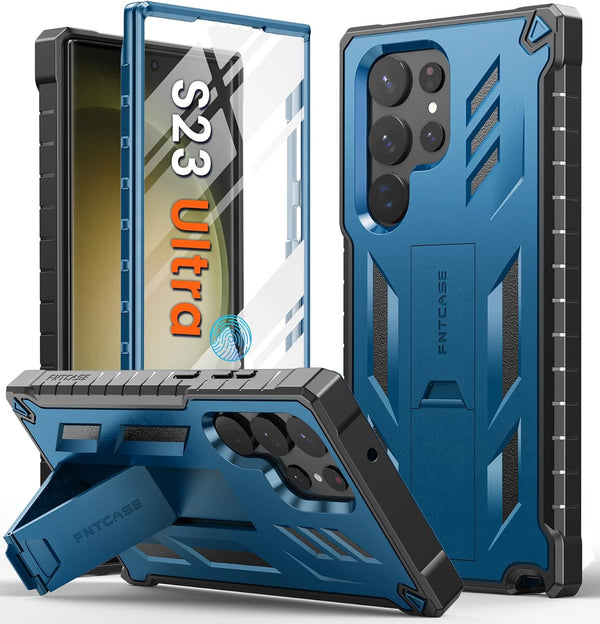 FNTCASE Samsung Galaxy S23 Ultra Case: Rugged Shockproof TPU, Military Grade Drop Protection, Kickstand, Blue.
