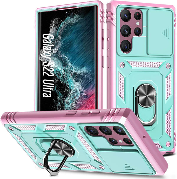 Galaxy S22 Ultra Case, Pink Green Shockproof Impact Resistant with Slide Lens Protective Cover
