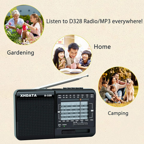 D-328 Portable Multi Band Radio Stereo MP3 Player with Rechargeable Battery, Earphone Jack, USB, Micro SD (Black)