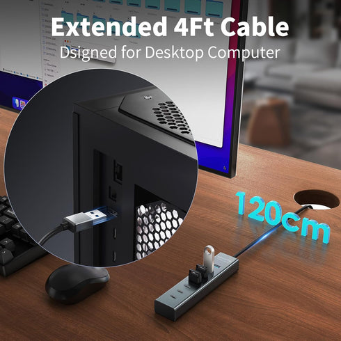 ABFCRTTW 4Ft 7-Port 3.0 4 3 5Gbps USB Hub for Desktop, USB-A & USB-C Ports Aluminium USB Extender Hub, USB Splitter