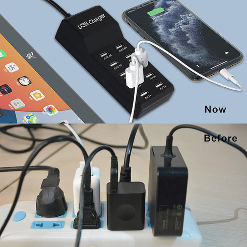 50W USB Charging Station with 10-Port Smart USB Ports for Multiple Devices - Family-Sized for iPhone 15/14/13 Black