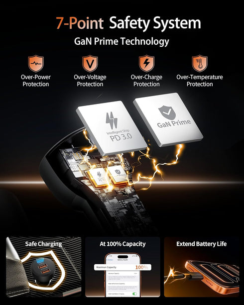 power-7 2 Pack 70W 3-Port 17/Air/16/15/14/13/12 S25/S24/S23, USB C Car Charger, PD/QC Fast Charging Cigarette Lighter