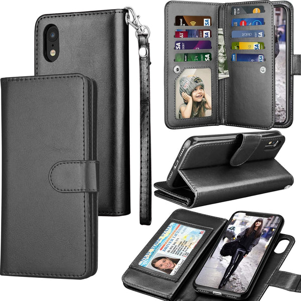 Tekcoo Wallet Case for iPhone XR, 6.1" Black PU Leather Folio Flip Cover with Cash ID Credit Card Slots & Kickstand