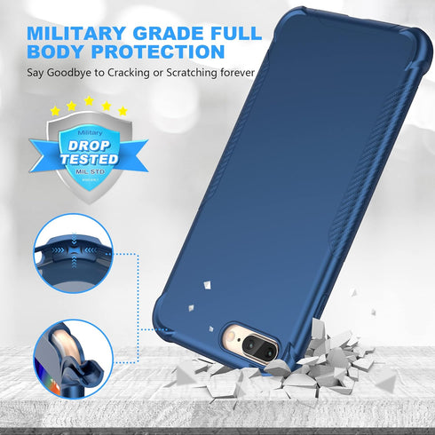 ORETECH iPhone 7 Plus & 8 Plus Case with 2 x Tempered Glass Screen Protector, Anti-Slip Hard PC + Soft TPU - Blue