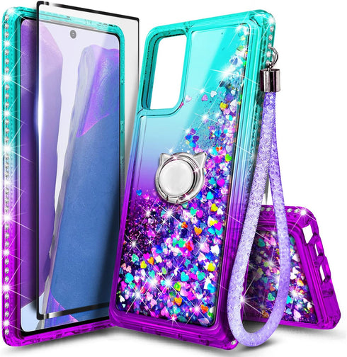 NZND Designed for Samsung Galaxy A03S Case, Cute Glitter Liquid Floating Waterfall Case with Screen Protector/Ring