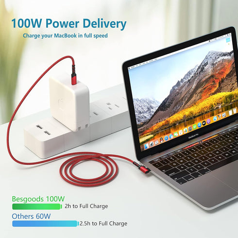 Right Angle USB C Cable 3ft, Besgoods 100W 10Gbps USB-C to USB-C 3.1 Gen2 PD Fast Charging Short Cord 4K Display for MacBook Pro, iPhone 15, SSD, Docking Station, Galaxy S23 Type-C Devices,2Pack (Red)