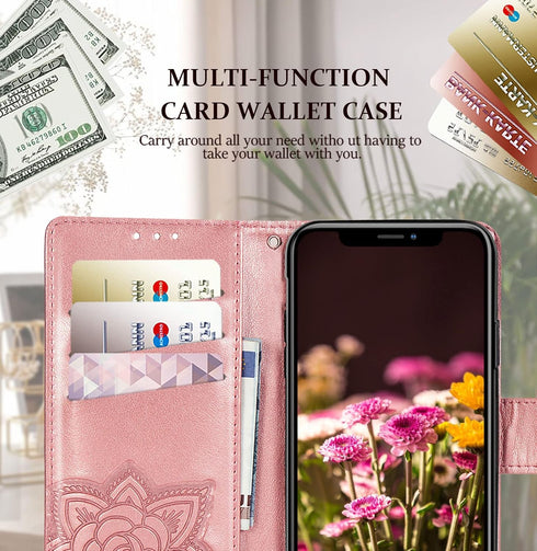 Wallet Case for iPhone 12 Pro/iPhone 12, Women Flip Folio Cover with Butterfly Embossed PU Leather, Rose Gold