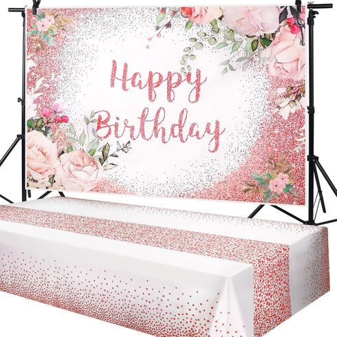 Breling 2 Pcs Pink Happy Birthday Backdrop Banner and Tablecloth for Women, Rose Gold Birthday Party Decorations