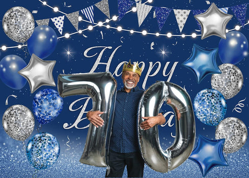 Navy Blue Happy Birthday Backdrop with Silver Glitter Balloons, Star Flag Sequins for Adult Birthday Party Decoration