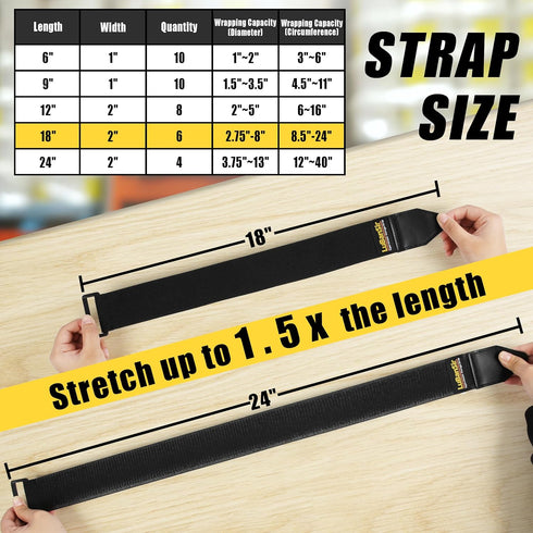 LuBanSir Cinch Straps - 2" x 18" (6 Pack) Elastic Hook and Loop Storage Straps for Bicycle, Truck, Boat Organization